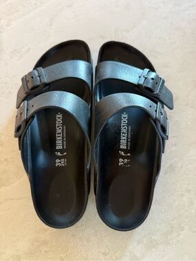 Birkenstock Arizona Metallic Gunmetal Two-Strap Sandals